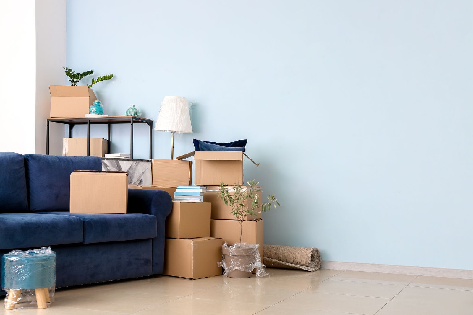 Wohnzimmer in einer Hamburger Wohnung mit Umzugskartons auf dem Sofa